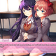 Anime girls hold each other in Doki Doki Literature Club Plus for the Nintendo Switch